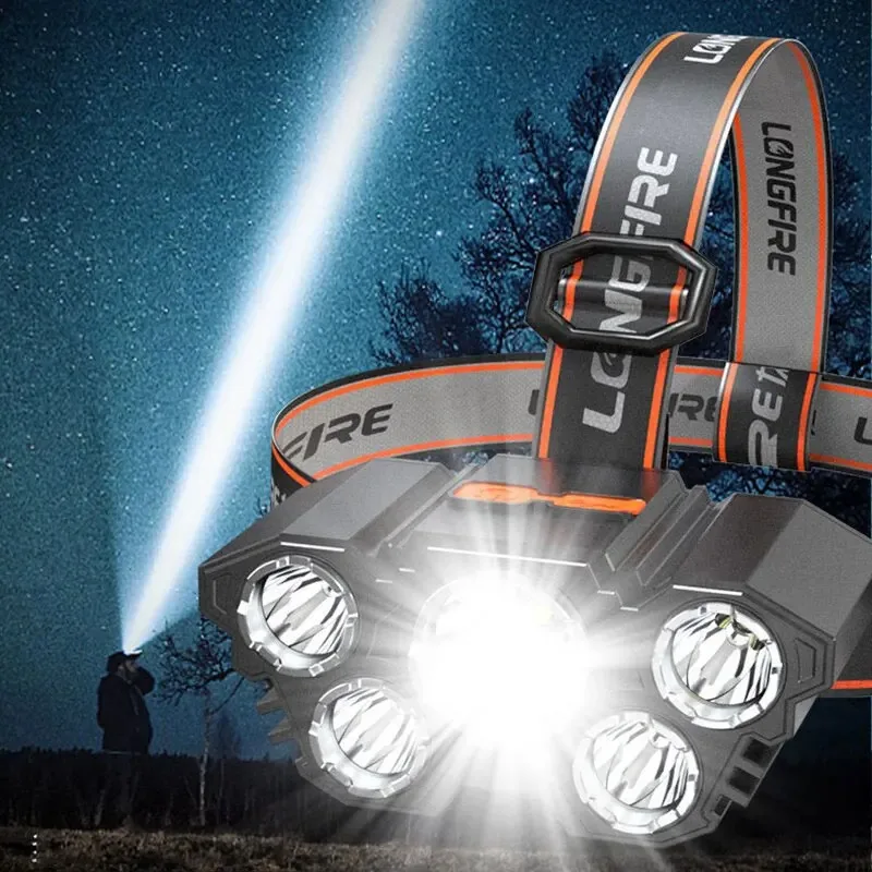 USB Rechargeable 5LED Headlamp Powerful Head Lamp with Built-in 18650 Battery Outdoor Camping Headlight Flashlight Head Light