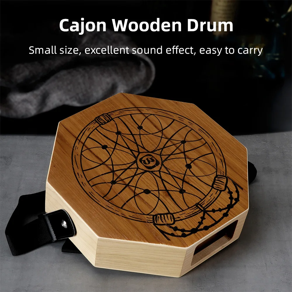 

Cahon Drum 2Tone Flat Tambourine Portable Octagonal Drum with Adjustable Strap Log Percussion Instrument for Beginners