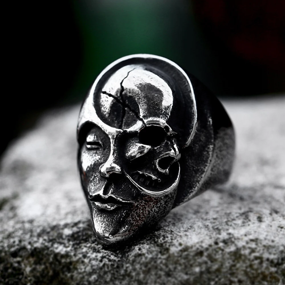 

Punk Creative Yin-Yang Face Gothic Skull Ring for Men Stainless Steel Hip Hop Biker Ring Halloween Jewelry Gift Wholesale