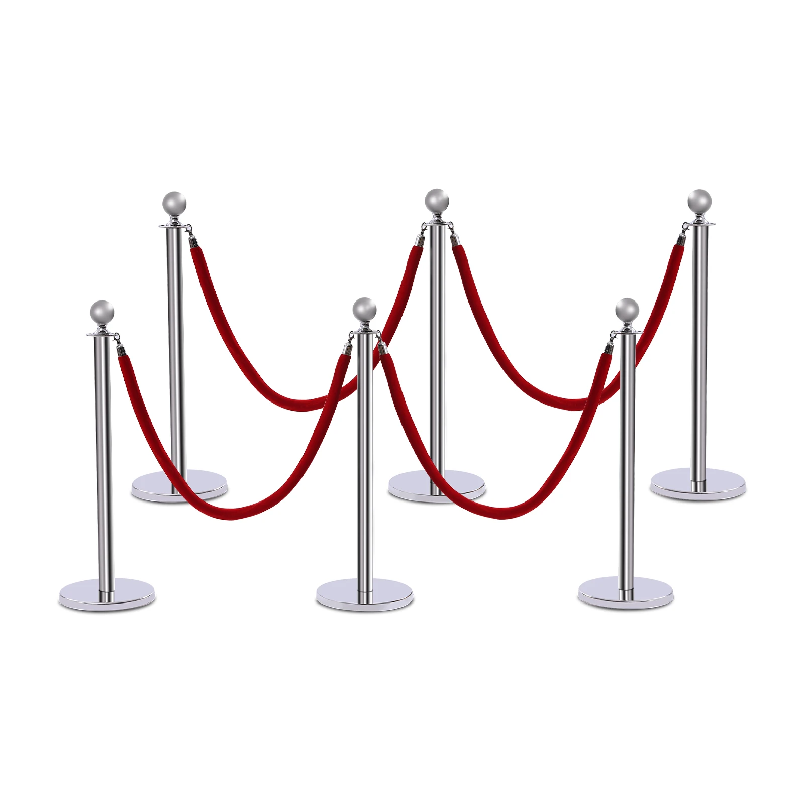 6PCS Stainless Steel Stanchion Post Queue, Crowd Control Red Velvet Rope , Silver Crowd Control Barriers Queue Line