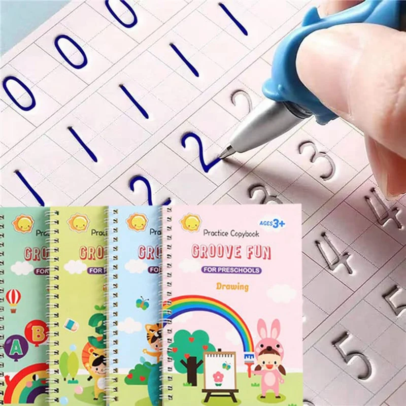 그루브 필기 책 연습, 아이용 매직 카피북, 그루브 아이 쓰기, 자동 사라지는 잉크 펜, 4 개