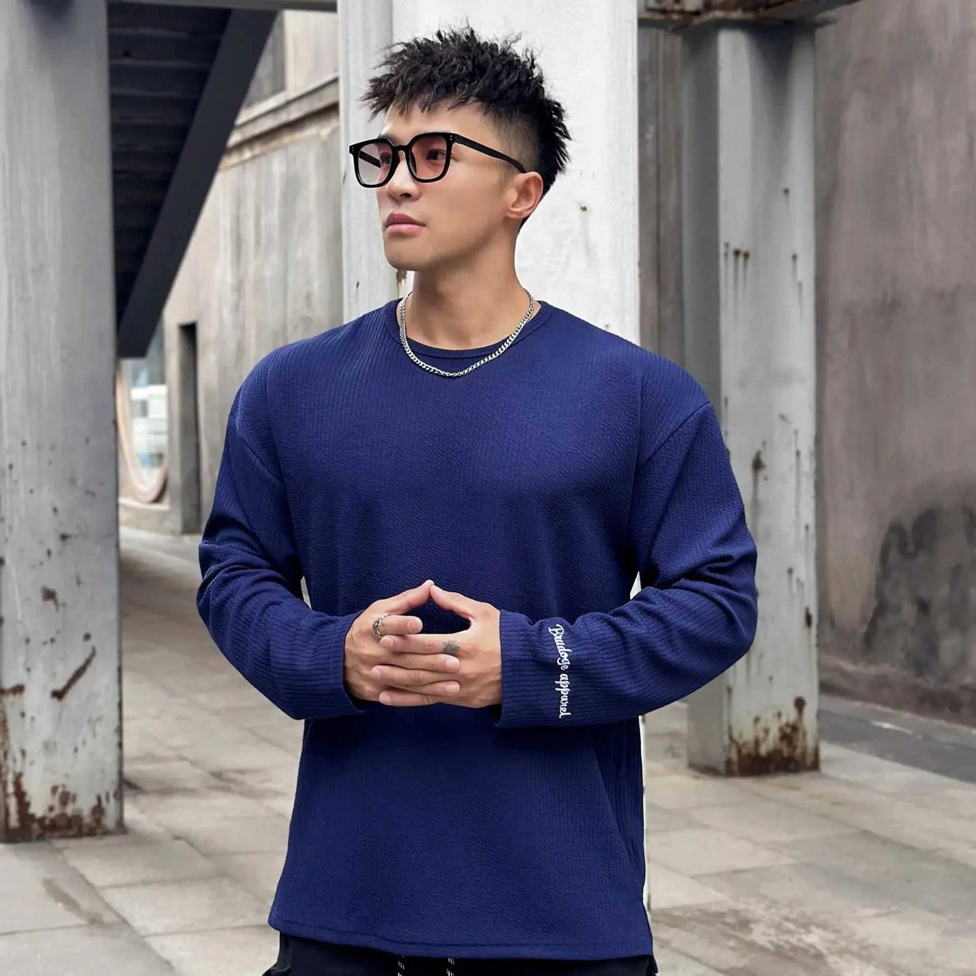 

O-Neck Texture And Drape Feeling Men's Long Sleeved T-Shirt Sports Fitness Running Training Clothes Loose Oversized Long Sleeved