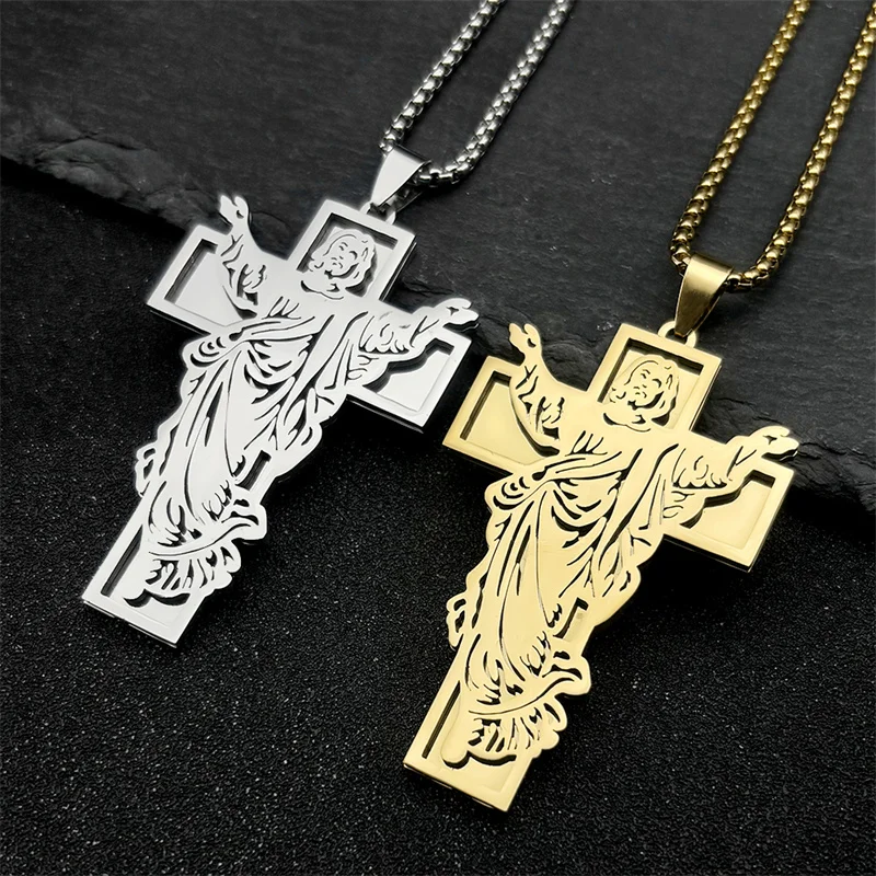 Stainless Steel Jesus Cross Pendant Necklace For Men & Women - 22" Chain, Unbranded