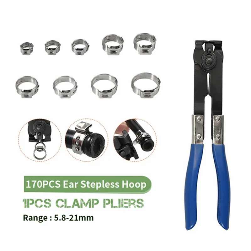 

K50 170PCS 5.8Mm-21Mm Ear Stepless Hose Clamps 304 Stainless Steel Single Hose Crimping With Blue Clamp Pliers Wood Working