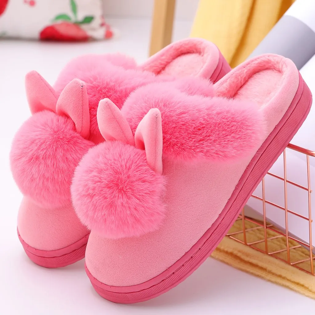 Women'S Winter Plush Rabbit Ear Indoor Cotton Mop Thick Soft Sole Slides Men Women Indoor Floor Flat Home Non-Slip Shoes 2