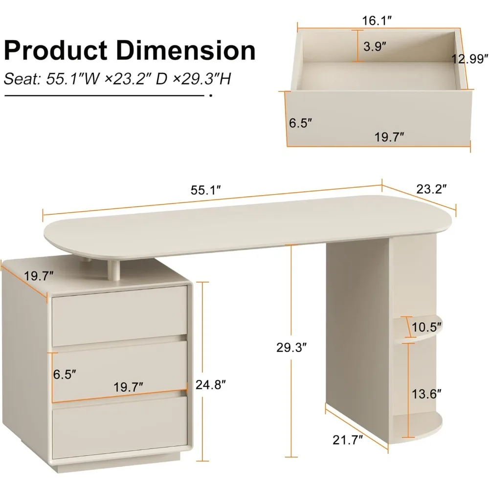 55inch Computer Desk with Drawers and Storage Shelves, Modern Simple Style Laptop Desks, Home Office Writing Desk