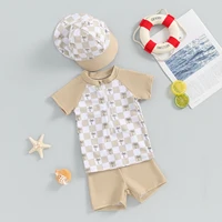 Fashion New Baby Boys Swimsuit 3CS Summer Rash Guard Beachwear Set Short Sleeve Shark Tree Print Top Shorts Hat Toddler Swimwear 3
