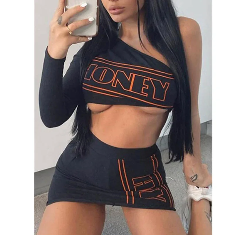 

Chic Sexy Long Sleeve Sleeveless Short Skirt Two Piece Set Women Letter Print Crop Top Short Skirt Sexy Club Fashion Tops Summer