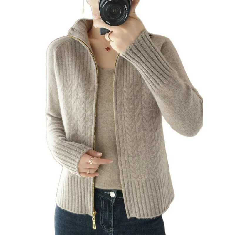 Zipper Knitted Sweater Cardigan Women Stand-Up Collar Loose Cable  Solid Knit Sweater Jacket Female Student Tops Autumn Red Pink