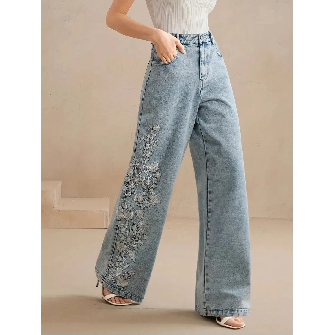 Y2k – jean tendance pour femme, grande taille, confortable, extensible, Denim délavé, Design brodé, mode, jambe droite, nouvelle collection 2025