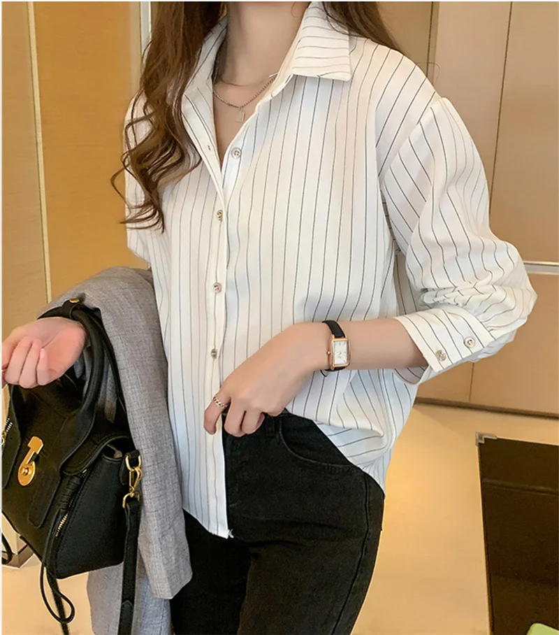 PLAZSON 여성용 클래식 스트라이프 셔츠, 싱글 브레스트 긴팔 가디건 블라우스, 오피스 셔츠 상의, 용수철 가을 패션