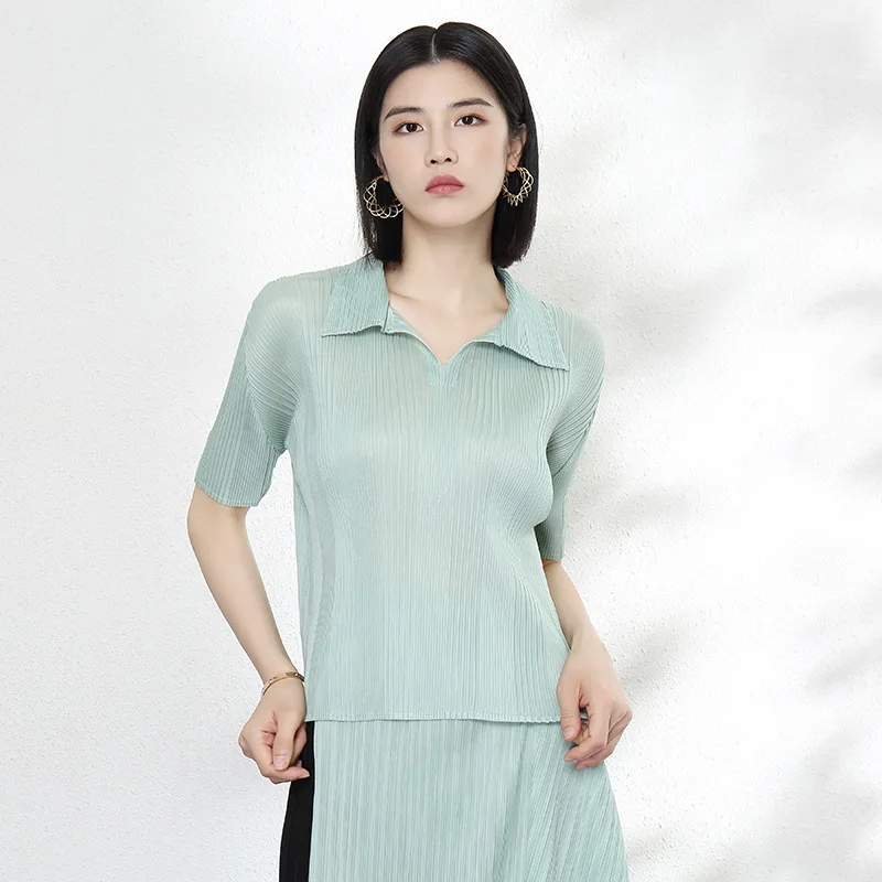 

Miyake pleated t-shirt women's summer loose lapel short-sleeved polo shirt new striped casual top