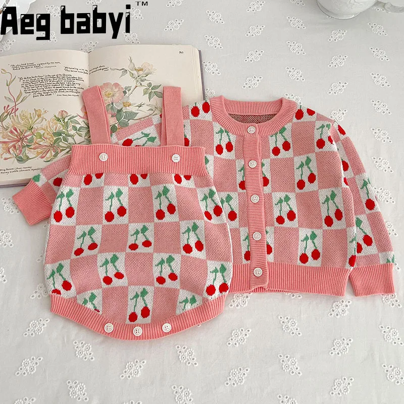 

Baby Girls Knit Clothing Sets Cherry Jacquard Long Sleeve Infant Sweater Coat + Suspenders Rompers Autumn Toddler Clothes Suit