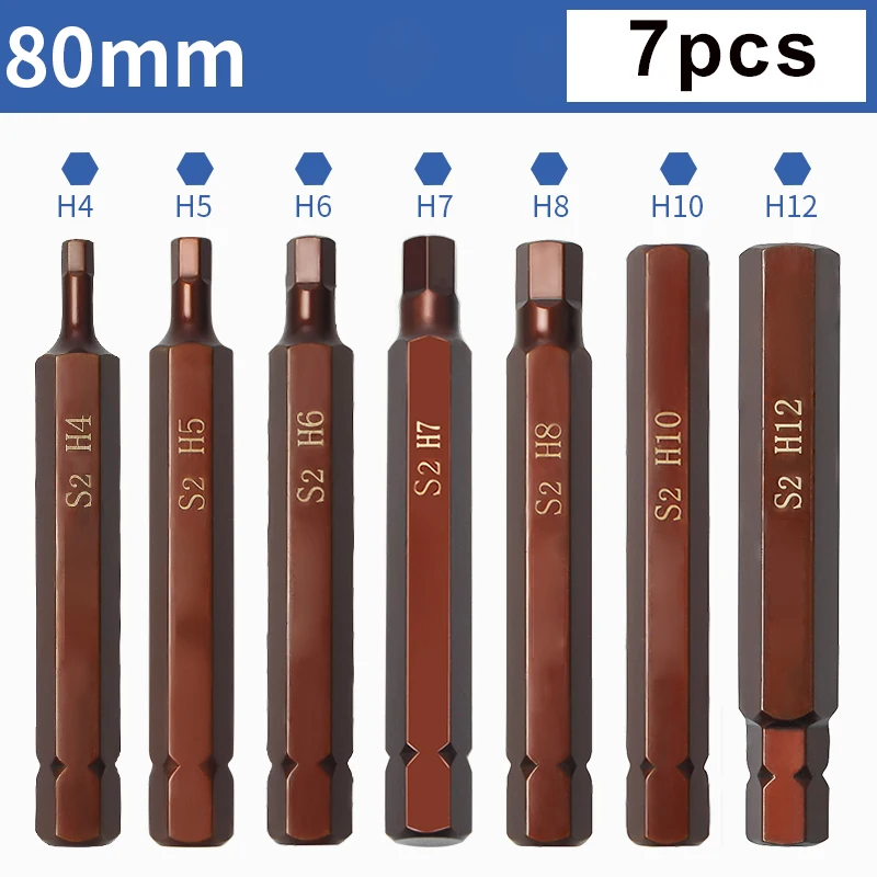 

7pcs 30mm/80mm 10mm Hex shank Hexagon Socket Wrench Adapter Set Car Hand Tools Repair Kit S2 Steel Bit H4 H5 H6 H7 H8 H10 H12