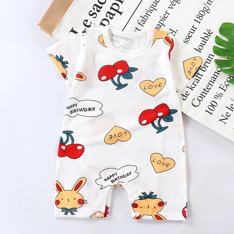 Baby Cartoon Print Short Sleeve Romper, Newborn Infant Cotton Jumpsuit with Pineapple/Bear Patterns, Baby Onesie for Summer