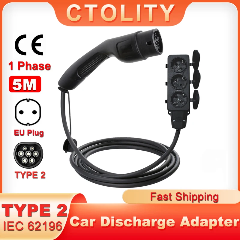 

Electric Car Side Discharge Plug EV Type2 16A Charger Cable with EU Socket Outdoor Car Discharge Charging Station V2L V2H V2G