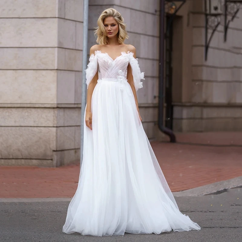 

Элегантное свадебное платье А-силуэта, платье невесты с открытыми плечами и аппликацией, женское платье невесты по индивидуальному заказу, потрясающее платье