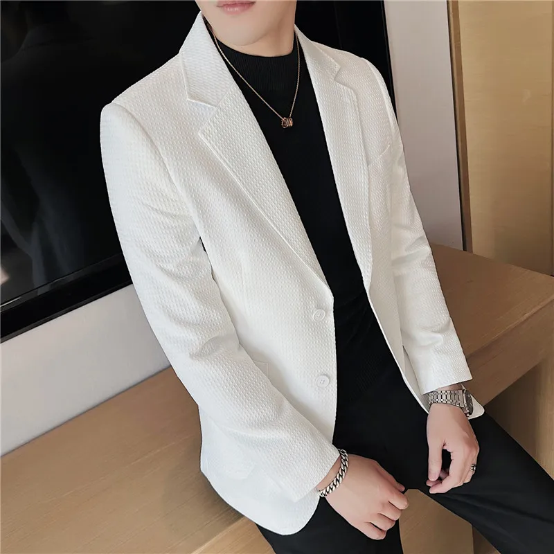 

2023New boutique fashion business British Waffle two-grain single-breasted handsome suit male texture casual suit jacket white