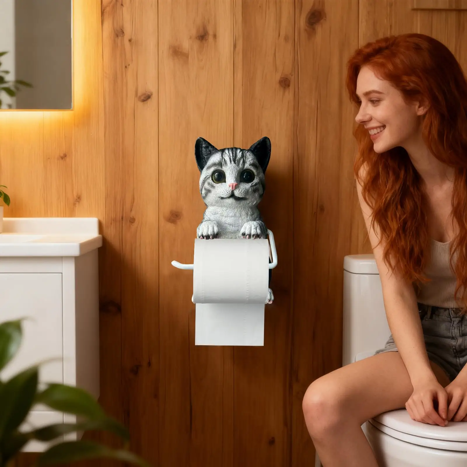 Toilet Paper Stand Wall Mount Cat Home Decor Funny Toilet Tissue Holder Roll Stand For Bathroom Kitchen Counter Office Apartment