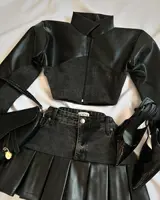 Two Piece Sets Womens Outifits Y2K Pu Leather Spliced Denim Black Skirt Sets New Harajuku Gothic Sexy Zipper Jacket Mini Skirt 1