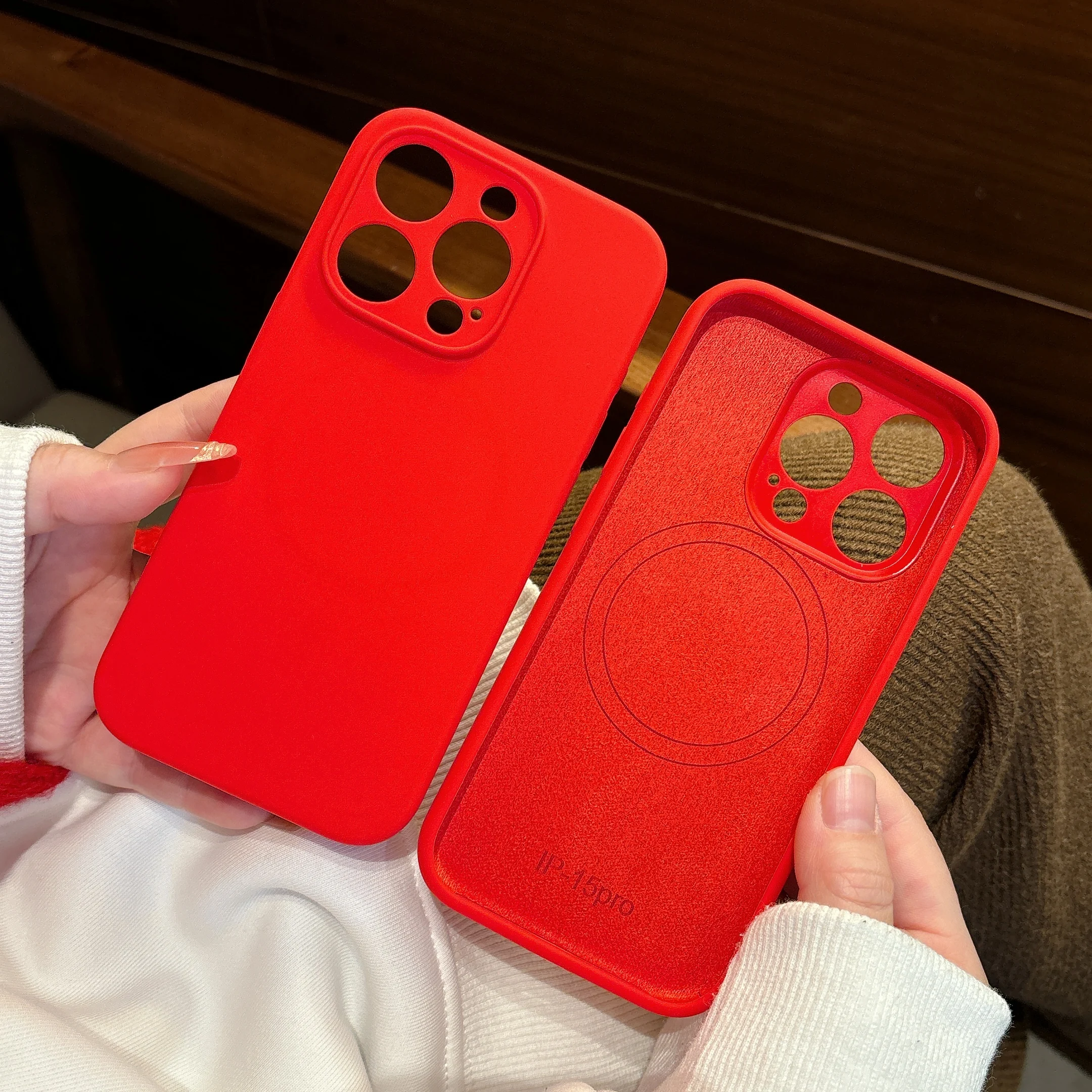 Premium Chinese Red Liquid Silicone Magnetic Case with MagSafe Compatibility, Wireless Charging, and Soft Touch Finish