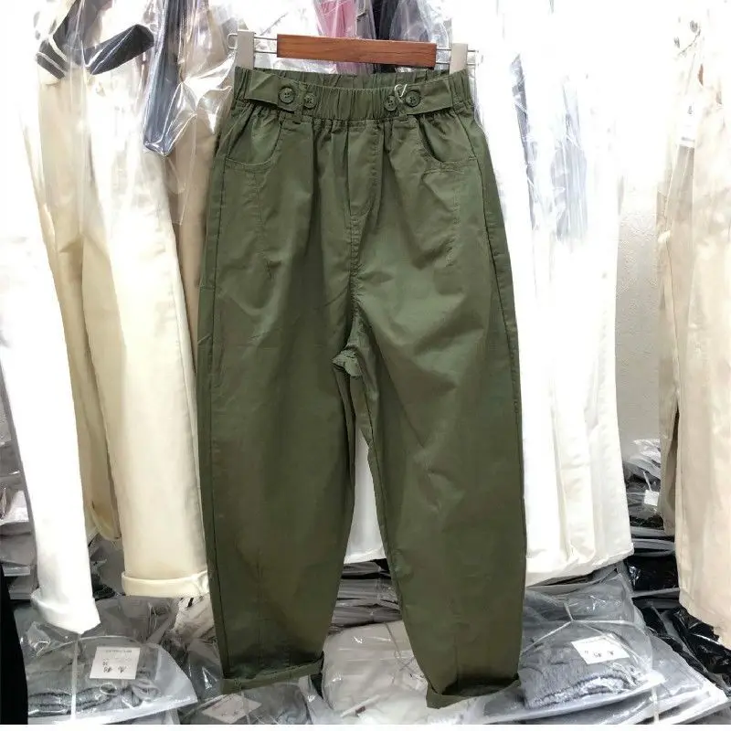 2023 Spring Autumn New Solid Color Elastic Waist Haren Pants Women Korean Style Button Pockets All-match Ankle Length Trousers