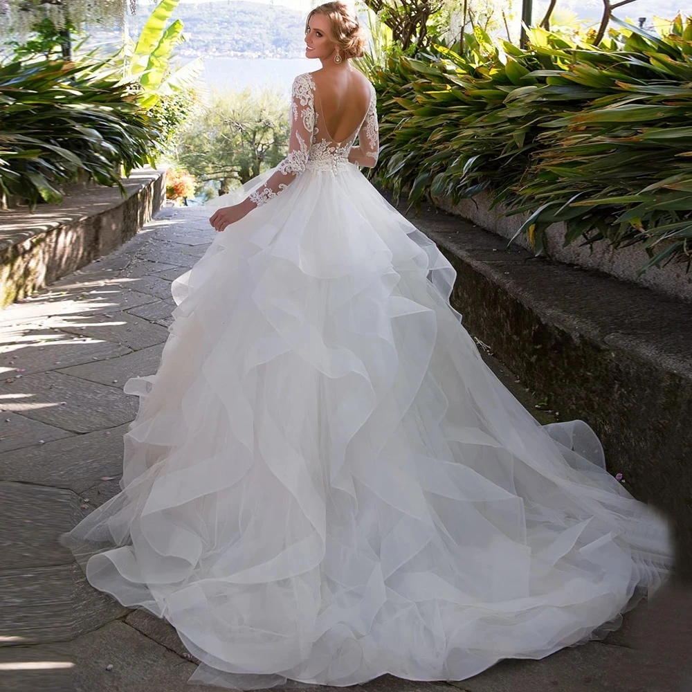 Aviana Modern Lace Appliques V-Neck Tiered A-Line Wedding Dress For Bride Floral Printed Backless Tulle Organza Robe De Mariée