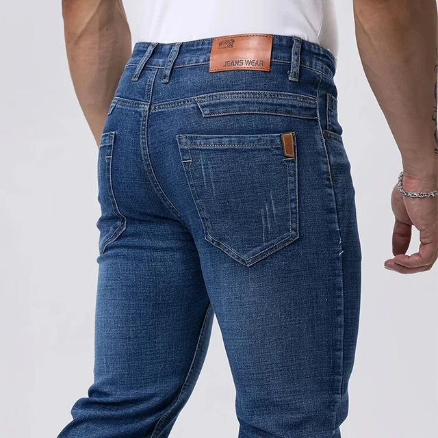 Printemps automne hommes d'affaires jean décontracté droit Stretch mode classique noir ciel bleu gris travail Denim pantalon marque vêtements 1