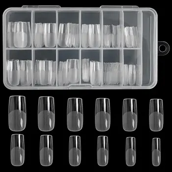 인공 풀 커버 소프트 투명 젤 팁, 네일 익스텐션 날카로운 가짜 손톱, 스퀘어 네일 팁, 120 개, 12 가지 크기 상품 이미지