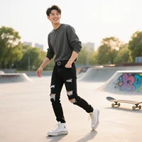 Men's hot selling fashionable street style tight jeans, retro washed solid color denim pants, casual slim fit pencil jeans