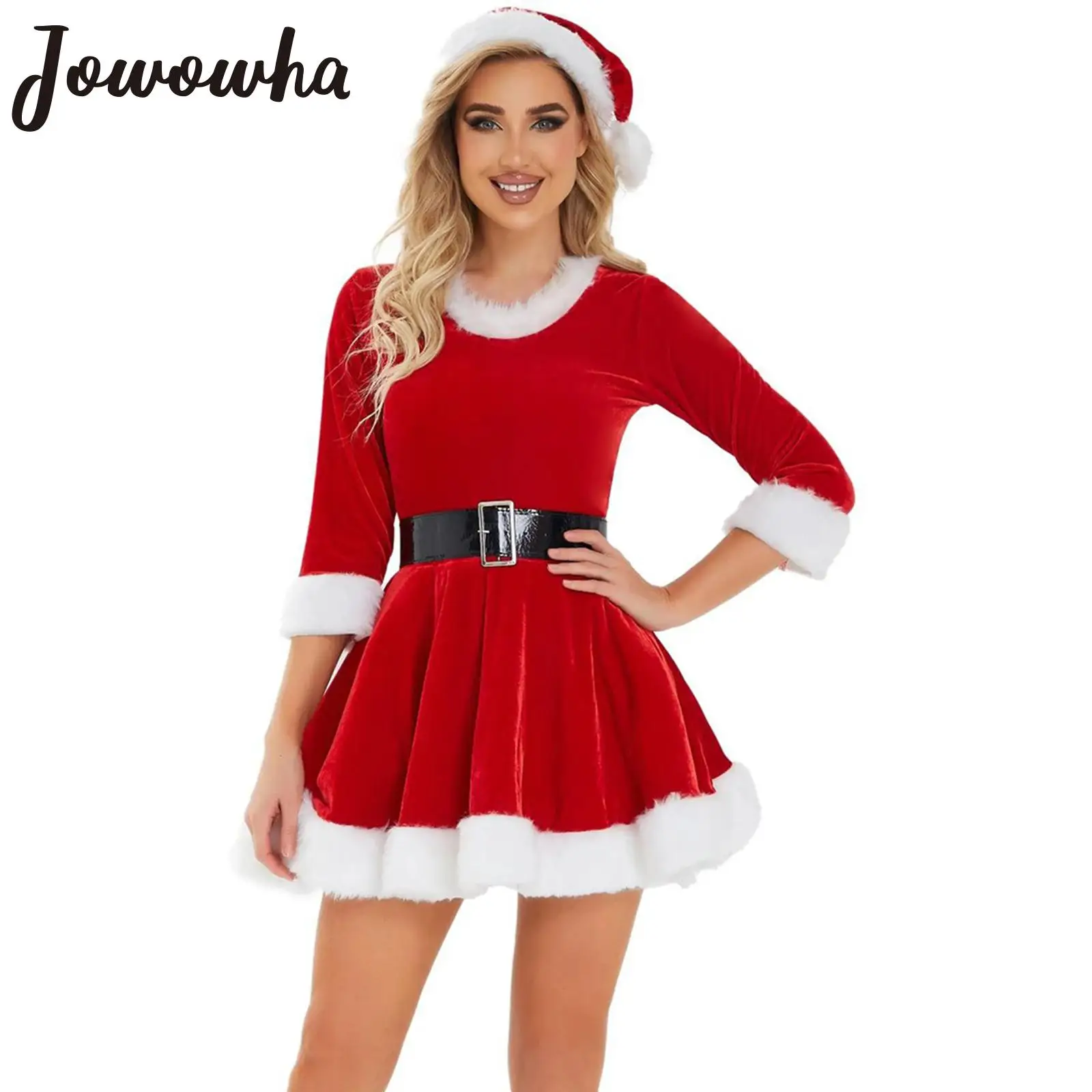 

Womens Xmas Santa Claus Dress Christmas Cosplay Costume Plush Trim A-Line Dresses with Belt Hat New Year Carnival Party Clubwear