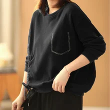 

Large Size Long-Sleeved Sweater Women's Spring and Autumn Solid colorModels Korean Loose Wild T-shirts and Girl Sports Tops ins