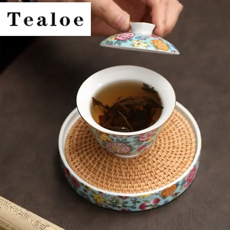 Chinese Enamel Color Ceramic Gaiwan Pot Bearing Handmade Flowers Porcelain Tea Bowl Teacup Household Tea Infuser Travel Teaware