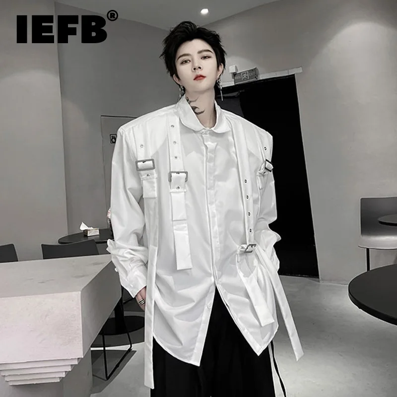 

IEFB Men's Shirts Fashion Safari Style Long Sleeve Tops Autumn New Ribbon Decoration Loose Clothing Solid Color Spliced 9C1297