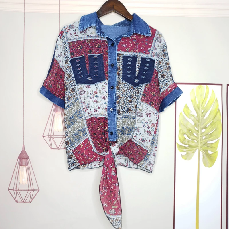 

2022 Short Sleeve Women Blouse Summer Denim Chiffon Spliced Blouses Shirts Loose Tops Print Shirt chalecos para mujer