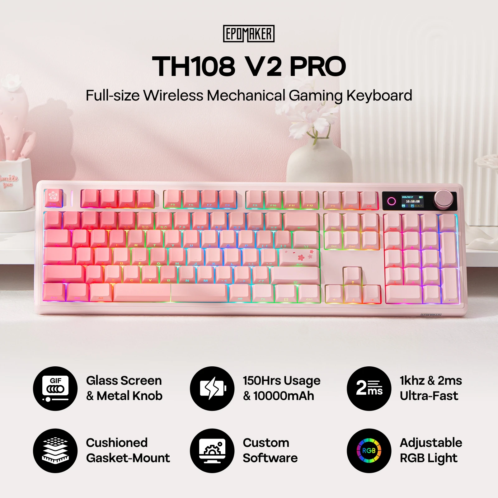 EPOMAKER TH108 V2 PRO 풀 사이즈 ANSI US 레이아웃 가스켓 트라이 모드 무선 기계식 게이밍 키보드 (Mac/PC용 RGB 백라이트 포함)