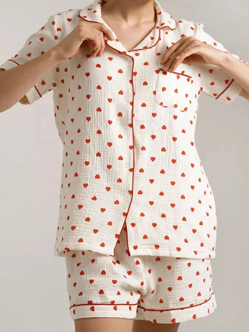 

Marthaqiqi Printing Women Pajama Set Turn-Down Collar Sleepwear Short Sleeve Nightwear Shorts Casual Ladies Nightie 2 Piece Suit