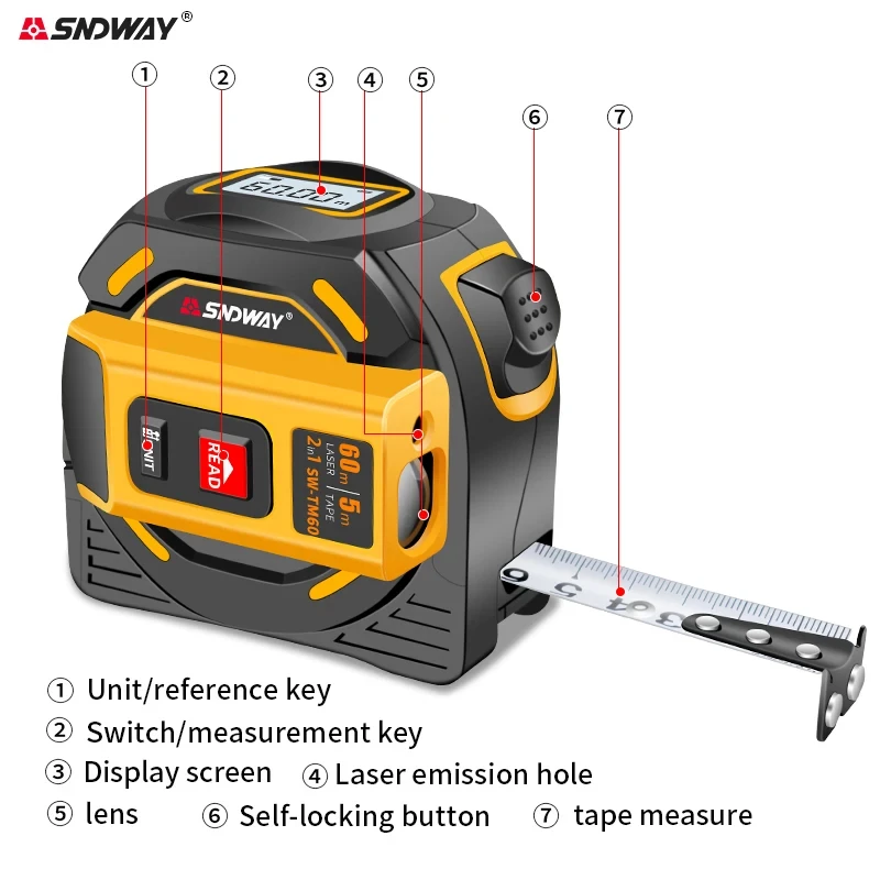 SNDWAY SW-TM40 TM60 Digital Rangefinder Laser Tape Measure Professional Range Finder Laser Distance Meter 2 in 1 Electric Ruler