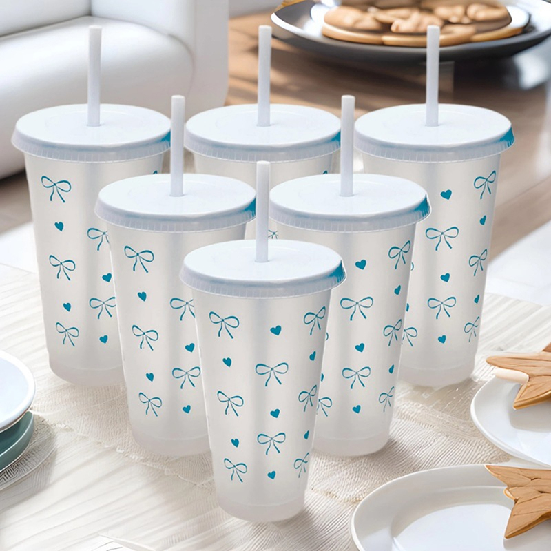 ZZ Kawaii Water Bottle Aesthetic Tumbler For Ice Coffee Juice Tea Bowknot Plastic Cups With Straw Lid Portable Drinking Bottle