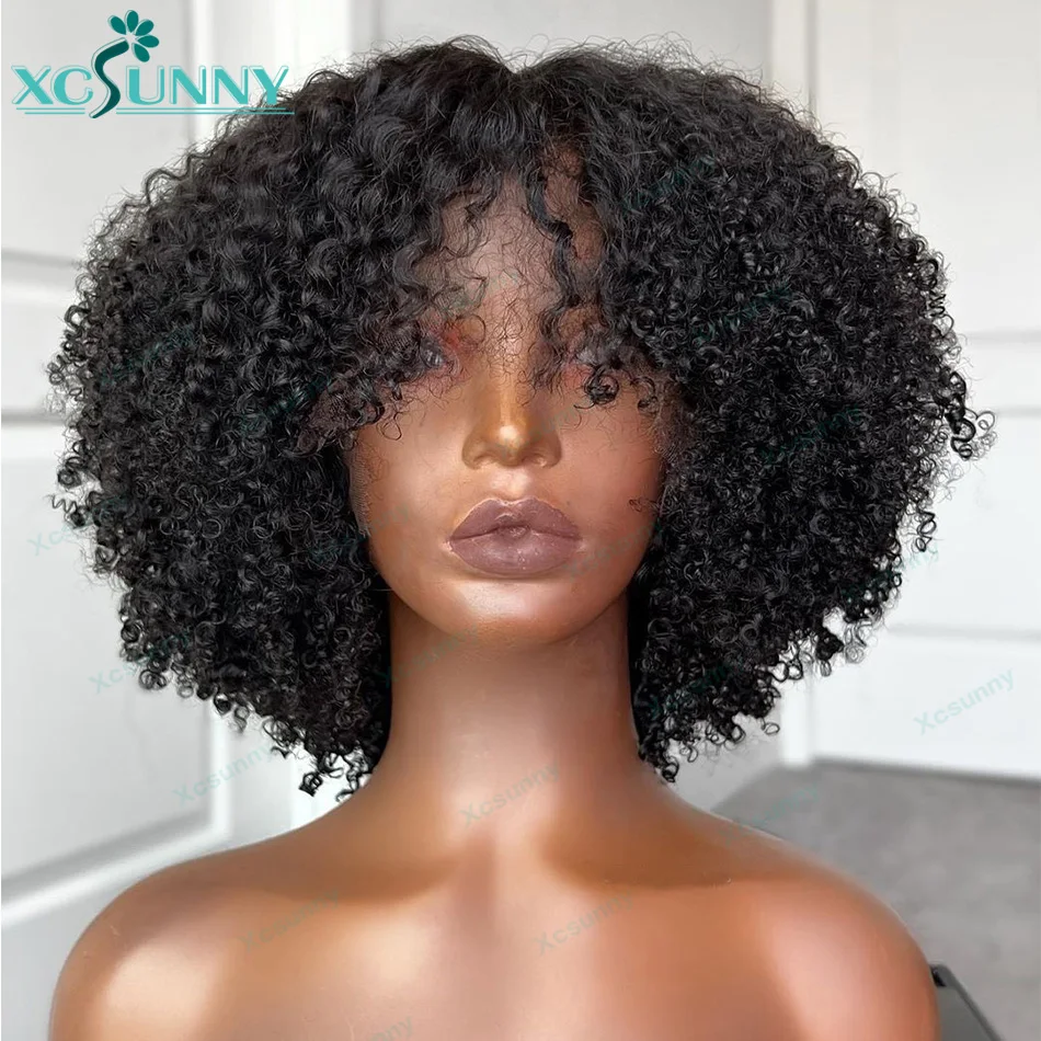 Bang Wig Human Hair Glueless Short Afro Kinky Curly Wigs With Bangs For Women Full Machine Made Curly Bob Wig Natural Color 3