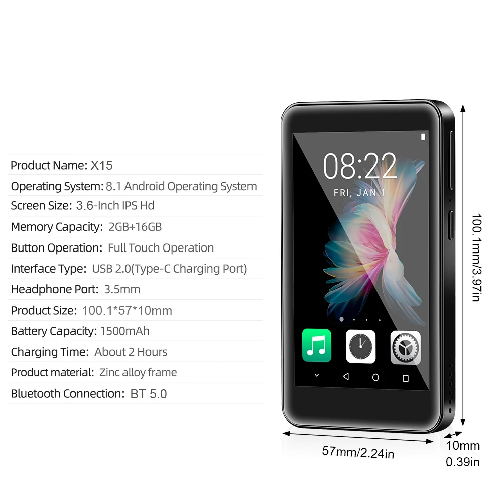 3.6 inch WiFi MP3 Player Bluetooth 5.0 MP4 Player Android 8.1 with Spotify Pandora Android Streaming Music