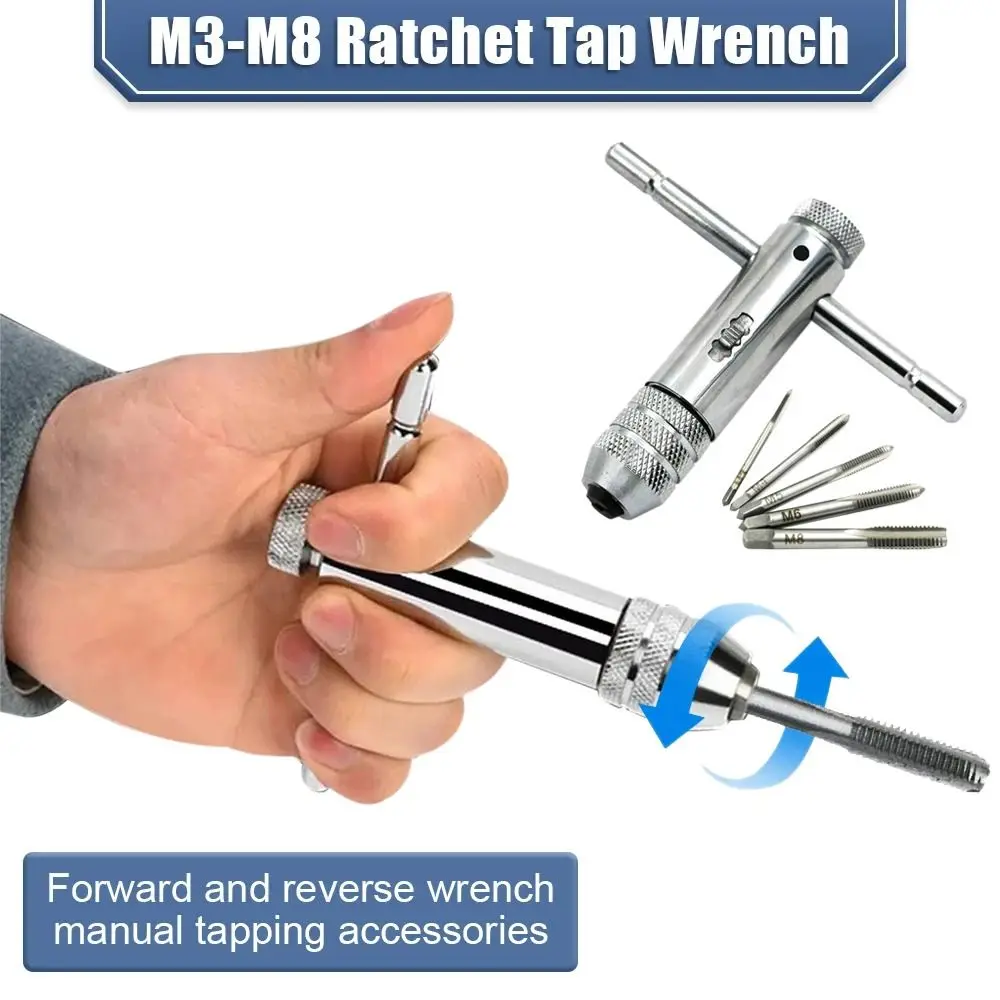 Description Picture 2 of itemAdjustable Silver T-Handle Ratchet Tap Holder Wrench with 5pcs M3-M8 3mm-8mm Machine Screw Thread Metric Plug T-shaped Tap