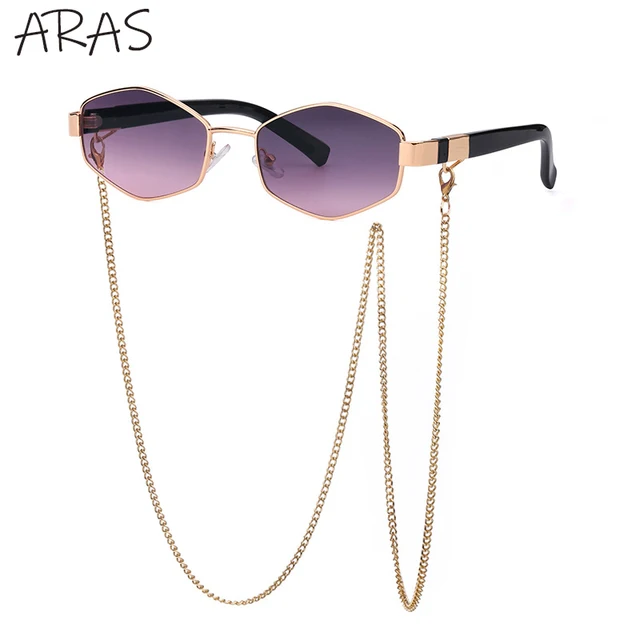 2022 Trendy Retro Hexagon With Chain Sunglasses Women Unique  Polygon Brand Designer Sun Glasses For Female Small Frame Eyewear Purple Pink