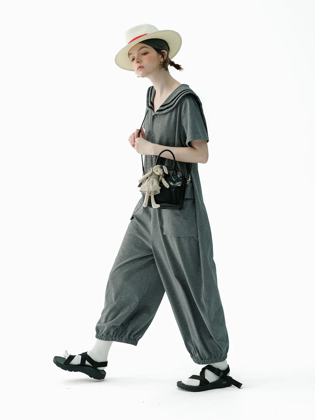 IMAKOKONI original design summer short sleeve single breasted romper Grey striped pockets loose fashion romper women 234145