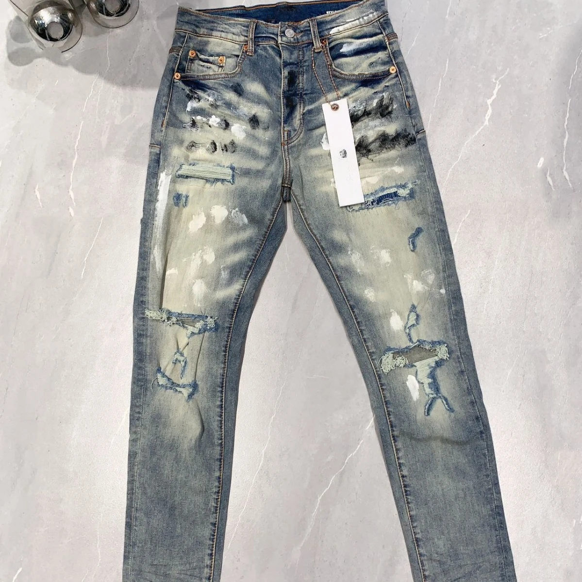 

2024 New Spring Summer Man Jean American High Street Paint Distressed High Quality Vintage Slim-Fit Mid Rise Luxury Brand