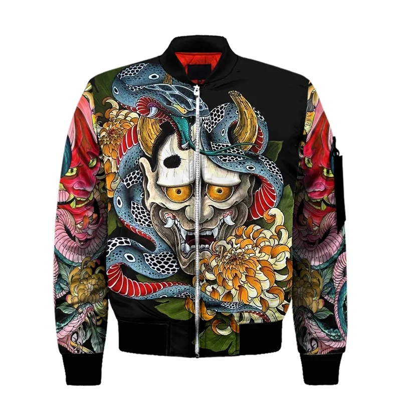 thumbnail image 1 of Chaqueta bomber de primavera y otoño para hombre, con estampado 3D de máscara de samurái Oni y tatuaje, con cremallera, informal, para la calle, 1 of 4