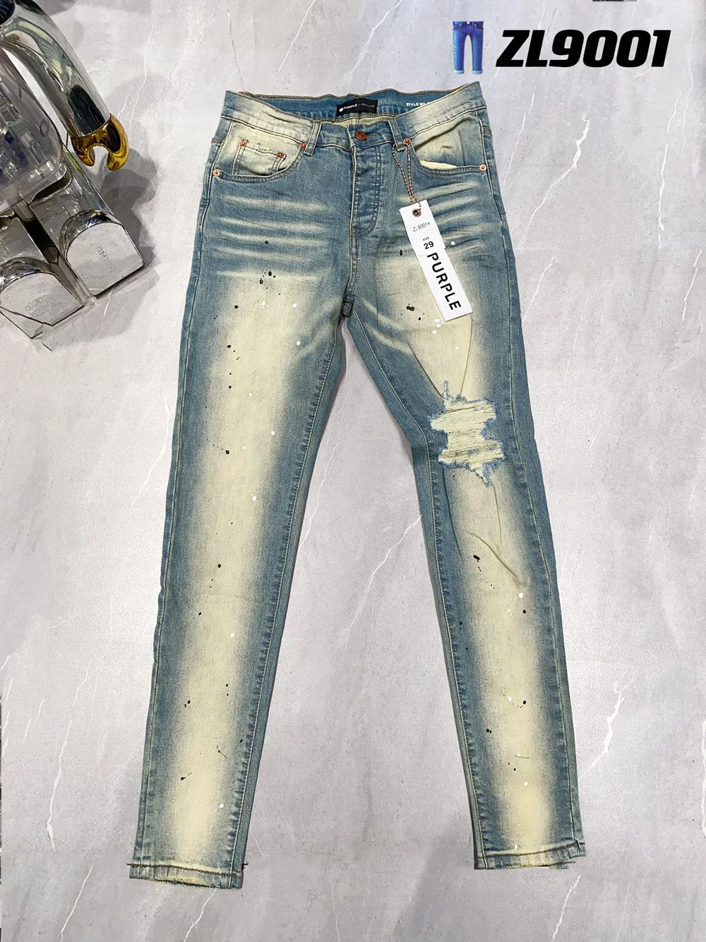 

2023AW New Purple Brand Men's Slim Fit Paint Print Distressed Streetwear Fashion Damaged Ripped Stretch Denim Jeans Pants