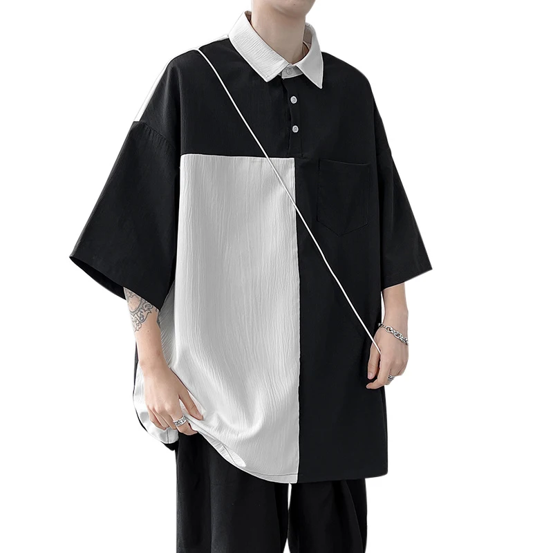 Patchwork Black White Ice Silk Japanese Harajuku Short Sleeve Shirt Men Oversized Blouse Summer Polo Fashion Casual New 2023 Top