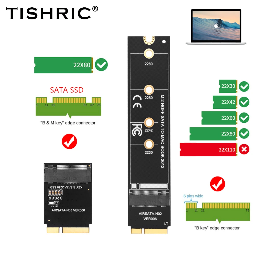 Адаптер TISHRIC M2 SSD, соединитель M.2 NGFF SATA SSD, переходная карта M.2 KEY-B, интерфейс для Apple 2012 MacBook Air A1465 A1466