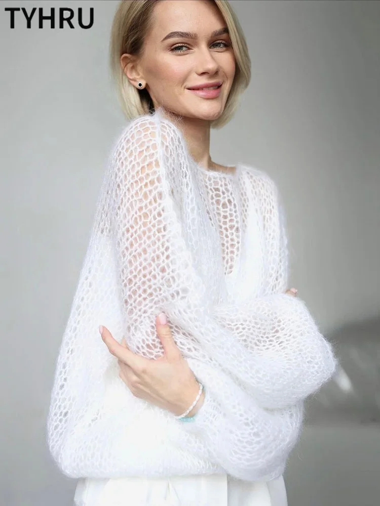 TYHRU Women's Knitted Sweaters Lady Hollow out Mesh Thin Pullover See Through Look Lantern Sleeve Loose Tops Smock 5